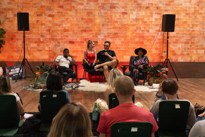 Wide shot of the full panel with audience at Day of Biohacking Love with salt wall backdrop
