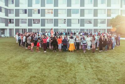 Aerial view of a massive Dating Dojo circle at the Beyond Biohacking Conference